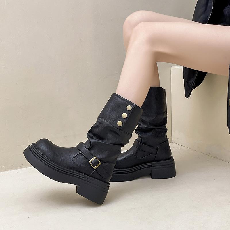 British style short boots thick heel thick-soled medium boots autumn and winter design sense retro leather boots foldable women's fashion boots
