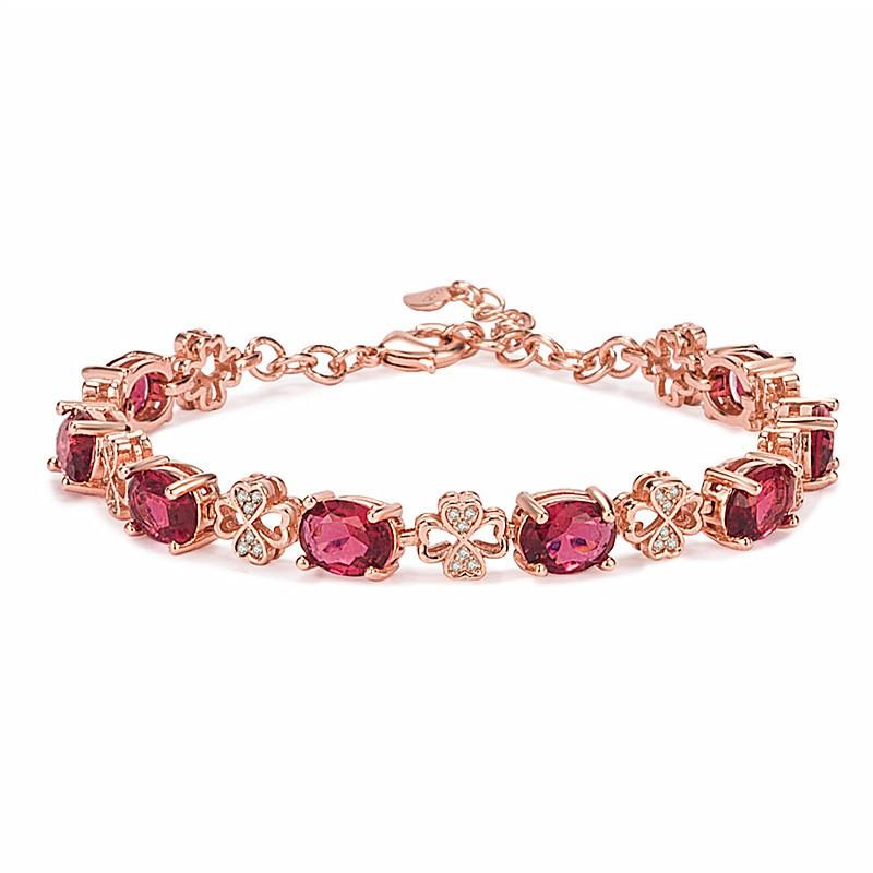 Rose Gold Plated Floral Charm Bracelet With Red Tourmaline Ruby Accents Women Fashionable Elegant Jewelry Red Tourmaline Bracelet Rose Gold Plated