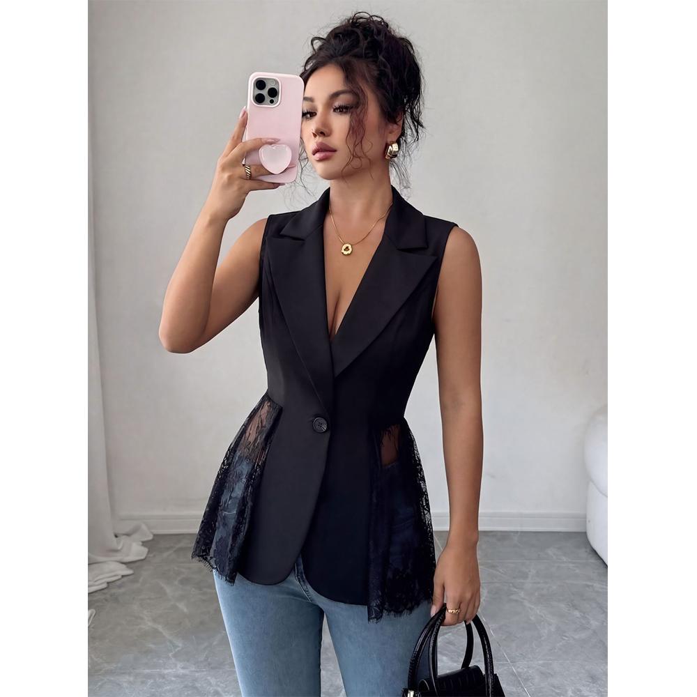 Women Lace Patchwork Blazer Vest Sleeveless Waistcoat Elegant Layering Office Commuter Outerwear S чёрный