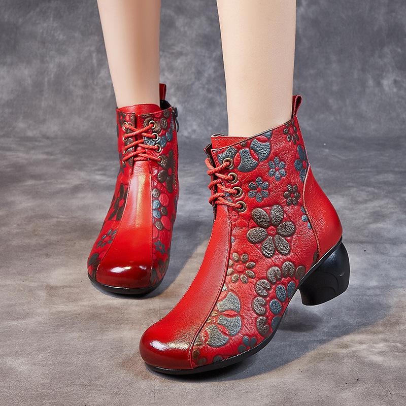 Women's shoes new mother velvet warm cotton shoes women's head layer cowhide printing thick heel soft sole short boots