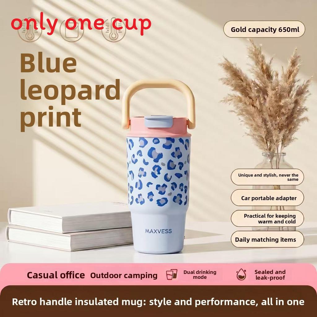 Leopard Print Insulated Water Bottle With Large Capacity And Straw For Girls And Women