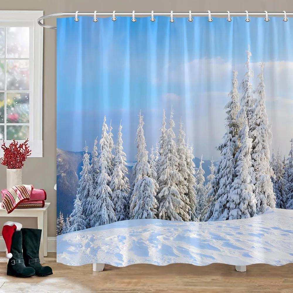 Winter Outdoor Forest Snow Shower Curtain Simulation Window Landscape Polyester Fabric Water Shower Curtains Bathroom Decoration