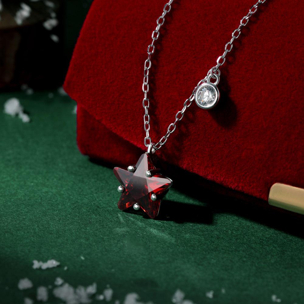 Czerwony Cyrkon Gwiazda Koreański Srebro Próby S925 Naszyjnik - Luksusowy Świąteczny Łańcuszek na Obojczyk dla Kobiet