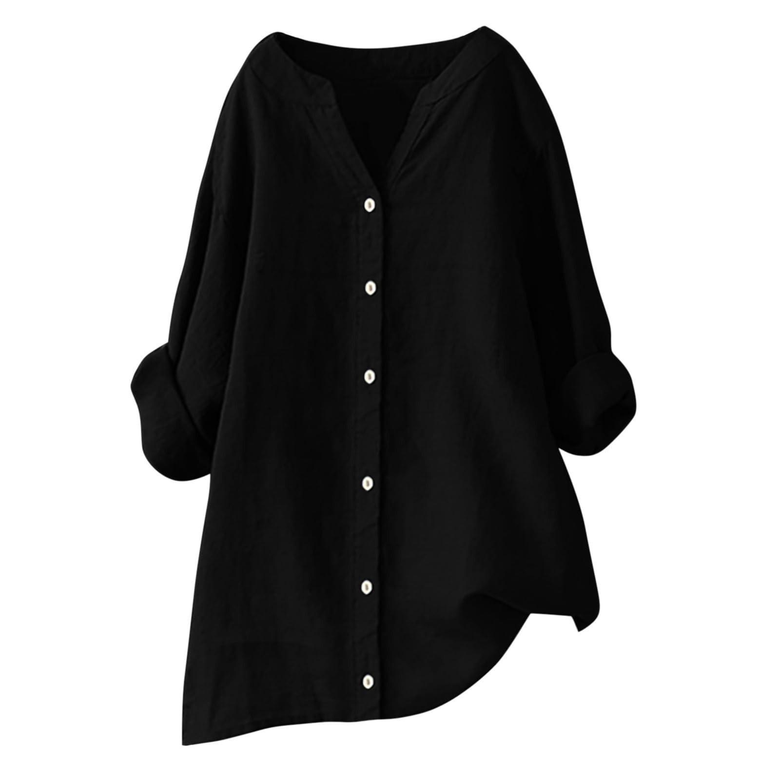 

Women s Fashion Loose Standing Collar Cardigan Button Cotton And Linen Seven Sleeve T-Shirt Top XL чорний