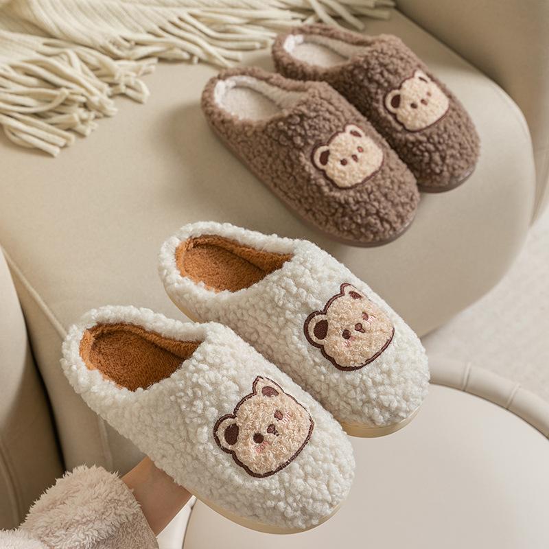 Cotton Slippers Winter Non-slip Cute Bear Indoor Home Plush Couple Bag Heel Cotton Shoes 2025 New