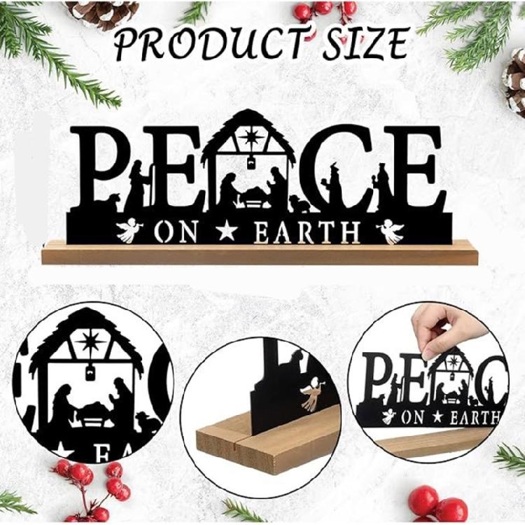 Classical Black Metal Nativity Scene Figurine Sculpture Christmas Tabletop Decoration Iron Sign with Wood Base Ornament