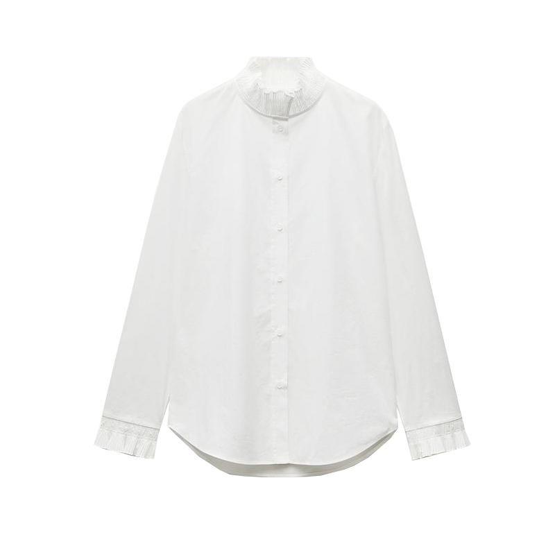 Fall and Winter New Women's Clothing Fashion Style Cotton Small Pleated Laminated Decoration Stand Collar Long Sleeves Shirt 4786277