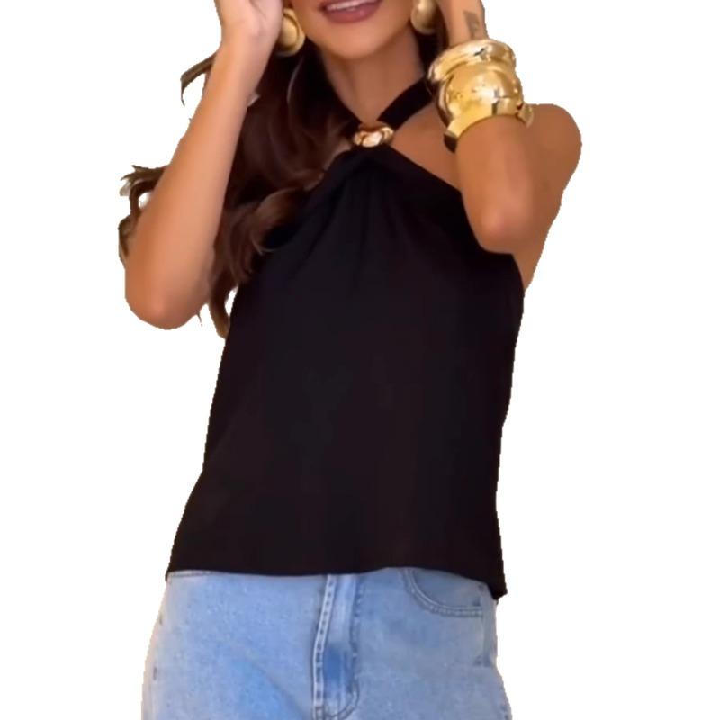 Women Black Halter Neck Top Metal Ring Detail Sleeveless Casual Blouse S чёрный
