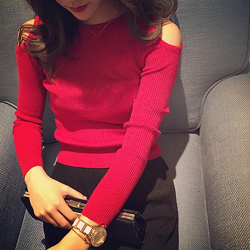 Sexy svetry s výstřihem do O, svetry Korejská móda Jednobarevná žena Ležérní Dlouhý rukáv