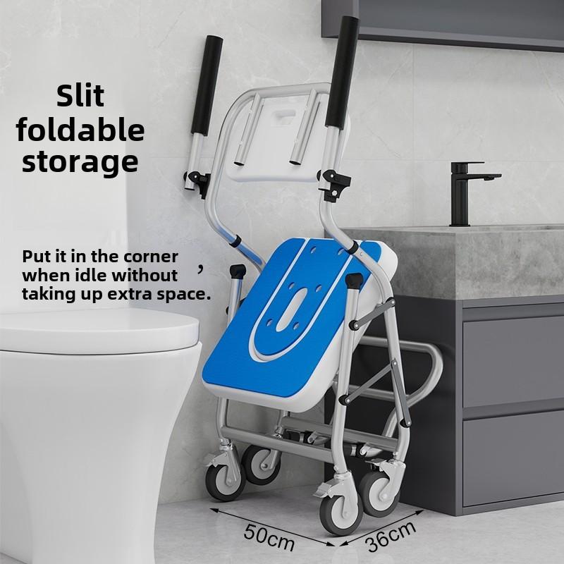 Foldable Bathroom Chair Mobile Care Bath Commode Chair Elderly Handicapped Versatile Shower Wheelchair
