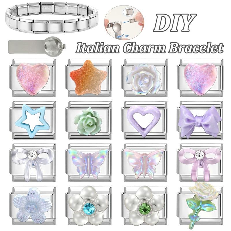 New Fashion Y2K Eyes Star Cherry Rose Butterfly Crown Shiny Italian Charm Links Fit 9MM Stainless Steel Bracelet DIY Making Gift