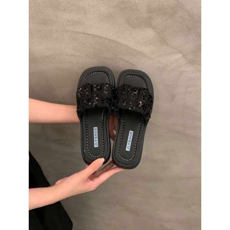 

Black muffin platform rhinestone letter slippers women s shoes 2025 summer beach premium sandals sandals 40 чёрный