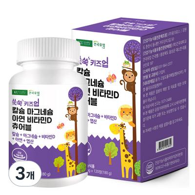 Konkuk Dairy Products Ssuksuk Kids Up Calcium Magnesium Zinc Vitamin D Chewable 180g, 120 Tablets, 3 Units