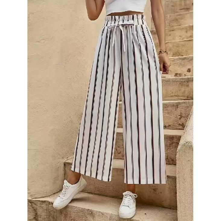 2026 Summer New Women s Elegant Casual Striped High-Waisted Tie-Waist Wide-Leg Pants S