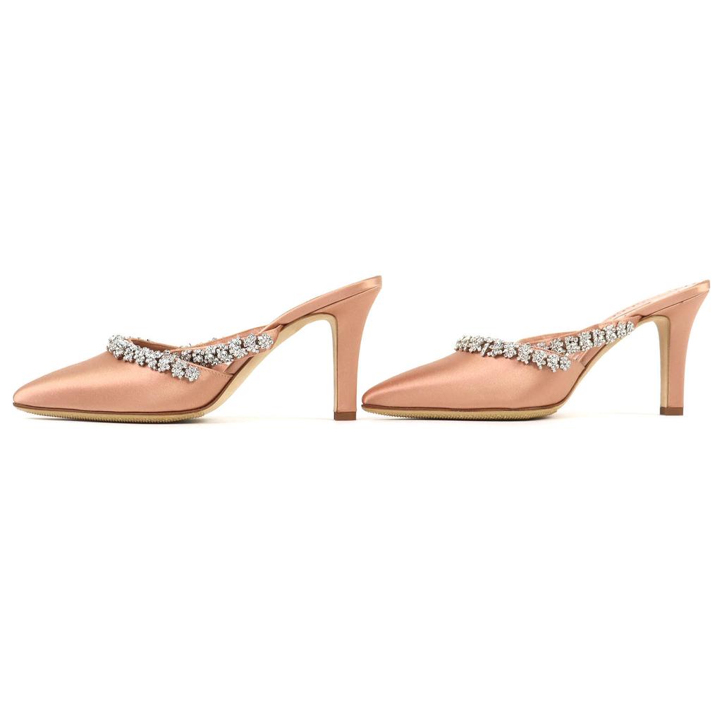 Excellent MANOLO BLAHNIK Mule VEDADAMU Crystal Jewel Trim Pointed Toe Satin 37.5 Used