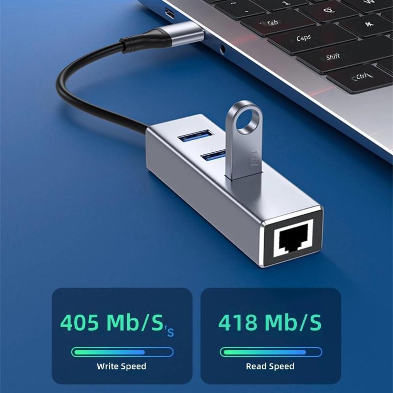 Aluminum Alloy USB C to RJ45 Networking Adapter With USB A Port And 3 USB Hubs Fast Speed 1000Mbps Ethernet Connection