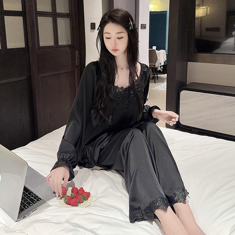 Women's Ice Silk Pajama Set with Lace - Spring & Autumn, Long Sleeve Top & Pants, Versatile for Home or Out