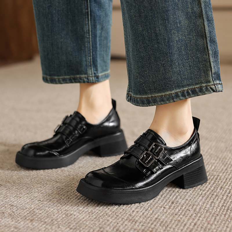 Krazing Pot Microfiber Round Toe Chunky Heels Spring Summer Shoes Big Size 43 Size 33 Women Metal Buckle Platform Pumps