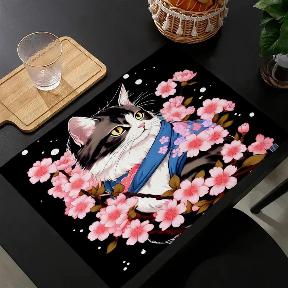 4PCS Cute Cat In Kimono Pattern Linen Placemat, Party Dining Table Decorative Mat, Bowl Mat, Heat-Resistant Dinner Plate Mat