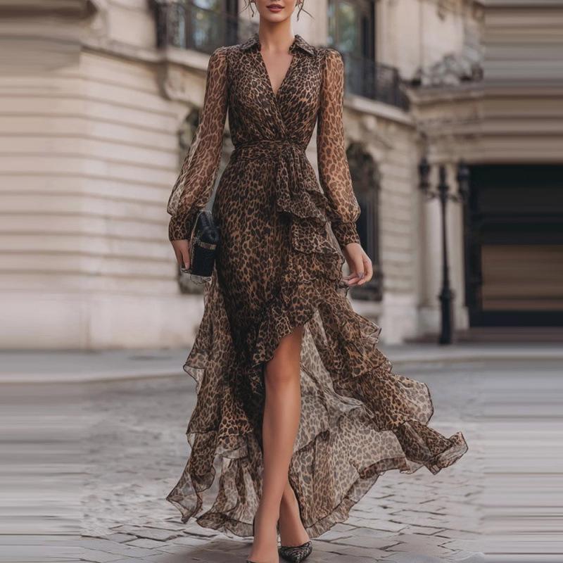 Leopard Print V-neck Long Sleeve Ruffle Dress - Europe & America 2026 Collection S