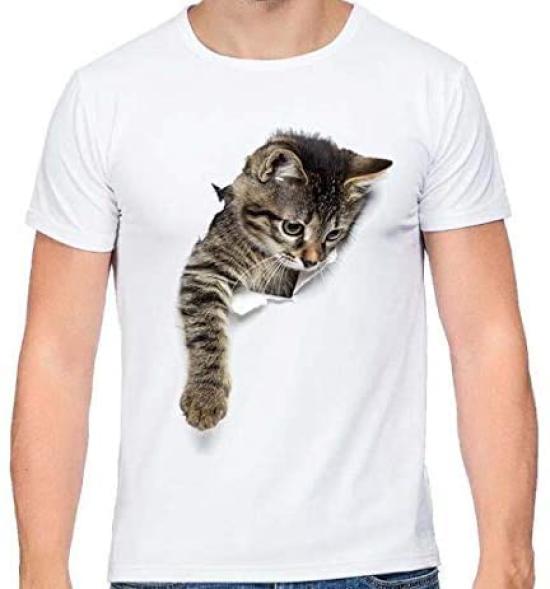 Aspersio Short Sleeve Cat Print Relaxed Crew Neck Short Sleeve Cut and Smooth White Shirt, Fit, One-Point T-Shirt, Tee, Cute, Natural, Sewn, Cute,