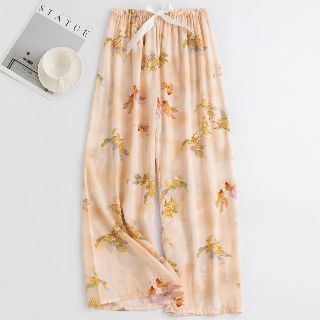 Women's Floral Cotton Silk Pajama Pants, Mosquito Repellent, Outdoor & Home Wear, Plus Size, Lightweight Summer Style.