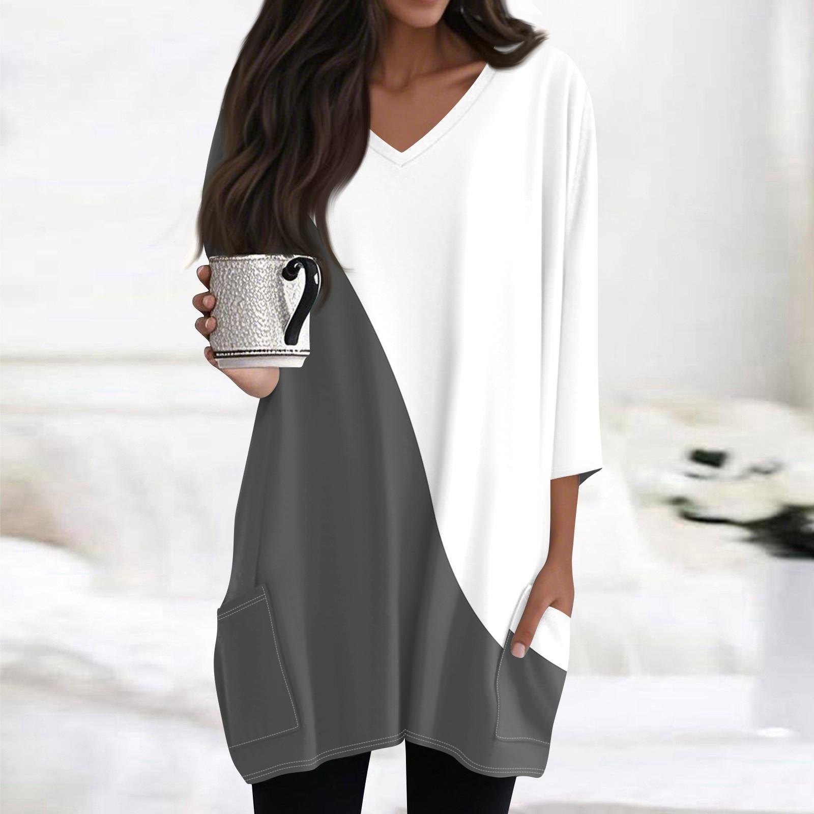 

Женские топы с V-образным вырезом и рукавом 3/4 Блузки Повседневные рубашки средней длины Модные принты Туники Топы с карманами L