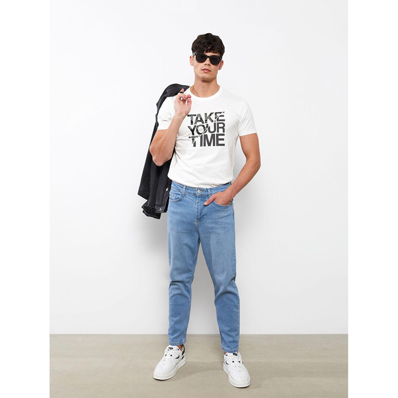 

Мужская футболка из чесаного хлопка с круглым вырезом и коротким рукавом с принтом цвета экрю