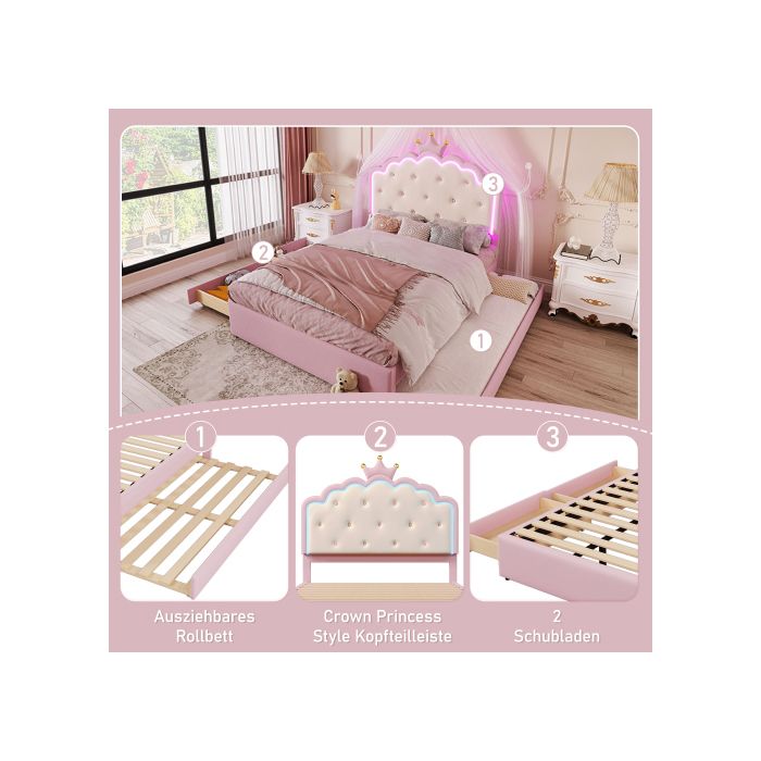 Lit gigogne - MUVOE - 140 x 200 cm - Rose - 2 tiroirs - LED réglable