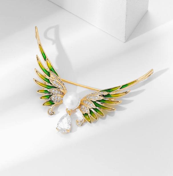 

Fashionable Wings Zircon Pearl Brooch, Anti-exposure Pin for Women, Metal Button To Fix Clothes, Wedding Party Gift зелений