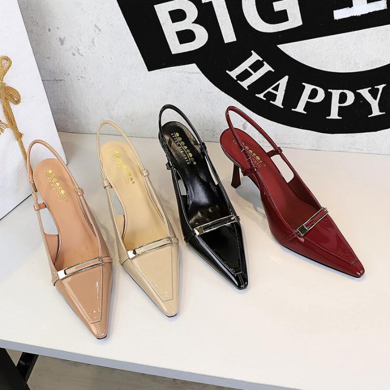 European Style Banquet Pointed Toe Stiletto Heels Patent Leather Metal Buckle Open Back Strap Vulcanized Shoes for Women