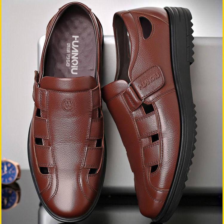 Sandals men's leather new summer beach shoes outdoor bag head hole shoes large size men's sandals