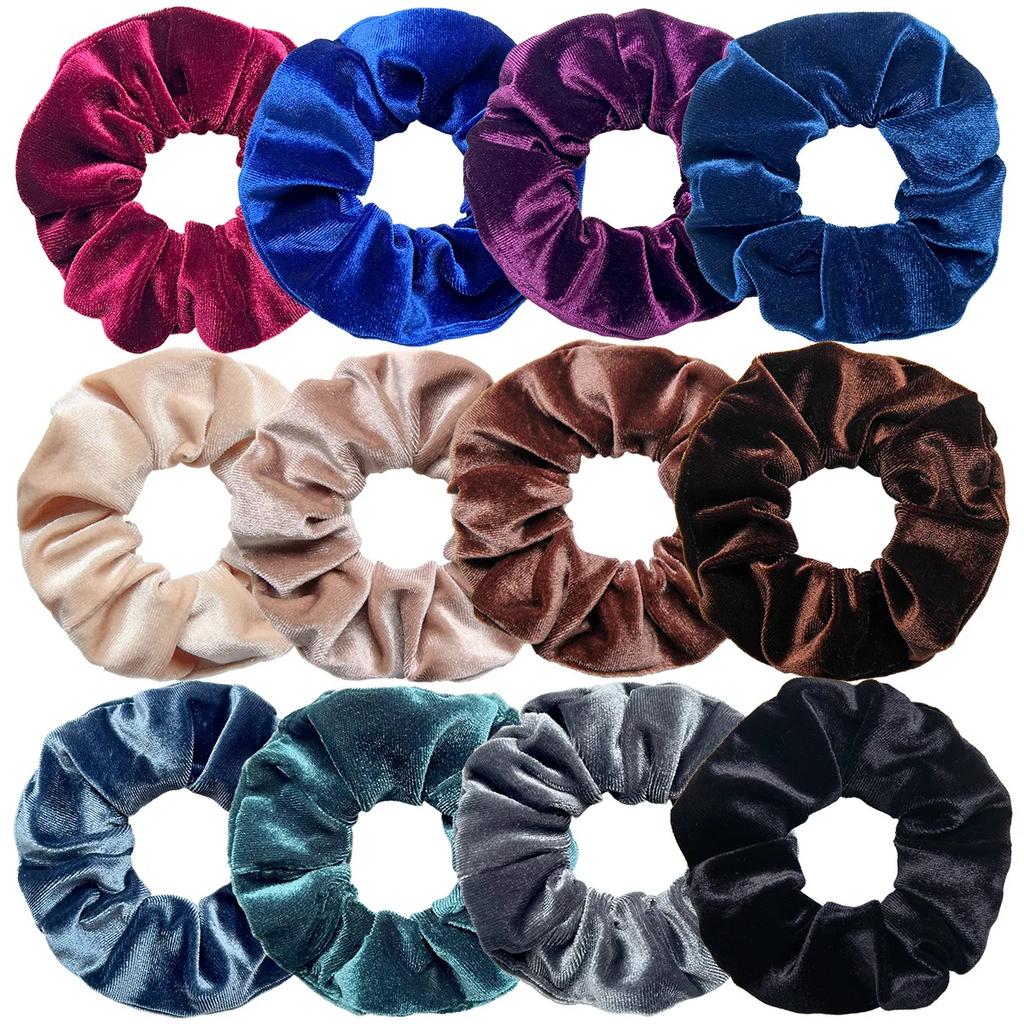 12pcs Vintage Women Pink Velvet Scrunchies Baby Girls Headwear White Black Blue Green Elastic Hair Bands Kids Hair Accessories