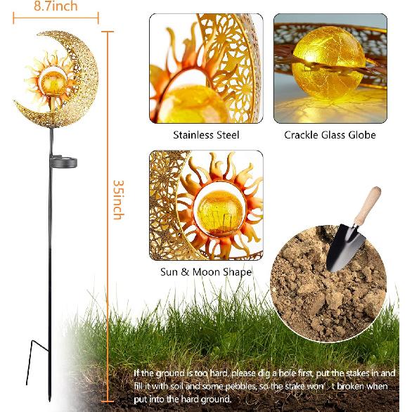 LICKLIP Garden Solar Lights Outdoor Decorative, Sun & Moon Crackle Glass Globe Metal Stake Light, Waterproof Warm White LED Light, Decorations for