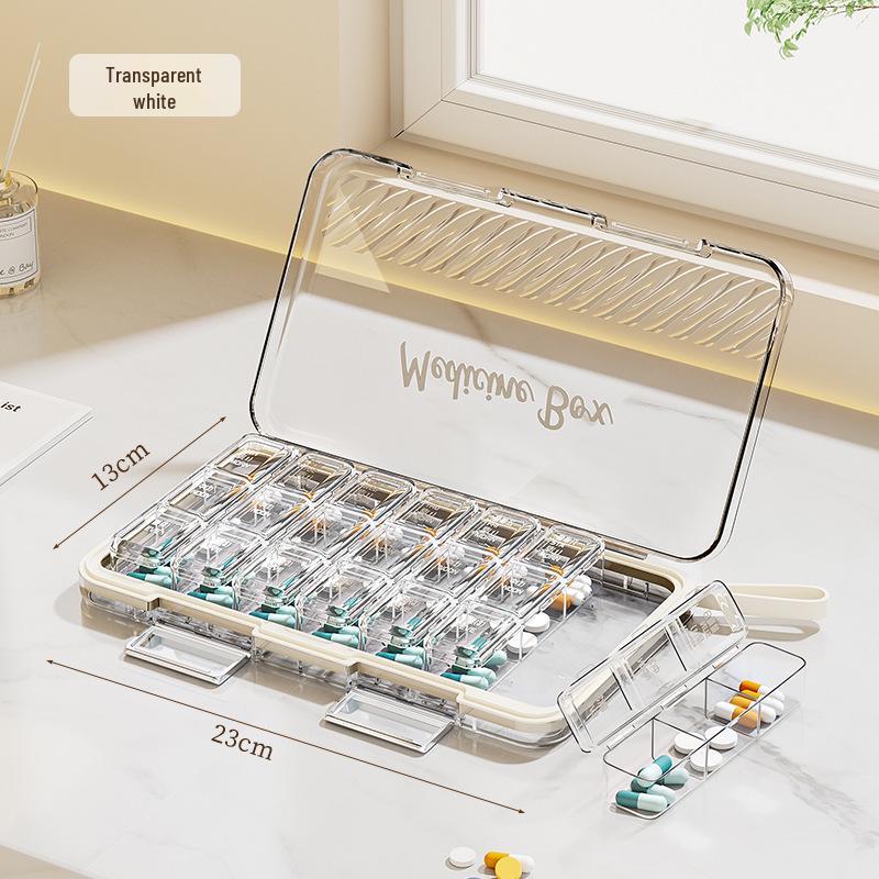 Portable Weekly Pill Organizer with Transparent, Sealed Compartments.
