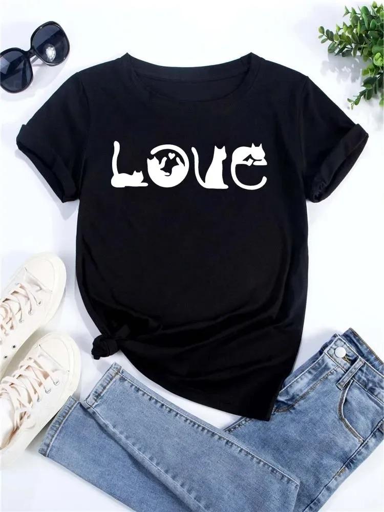 New Cute Love Heart Cat Print Women T-Shirt Casual Short Sleeve Top Summer Women's Clothing Cartoon Streetwear Y2k Clothes