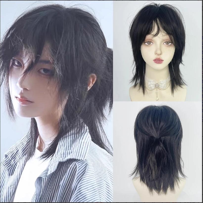 

Short Mullet Head Wigs with Bangs Synthetic Straight Anime Men Black Gray Green Hair Wig for Daily Party Cosplay