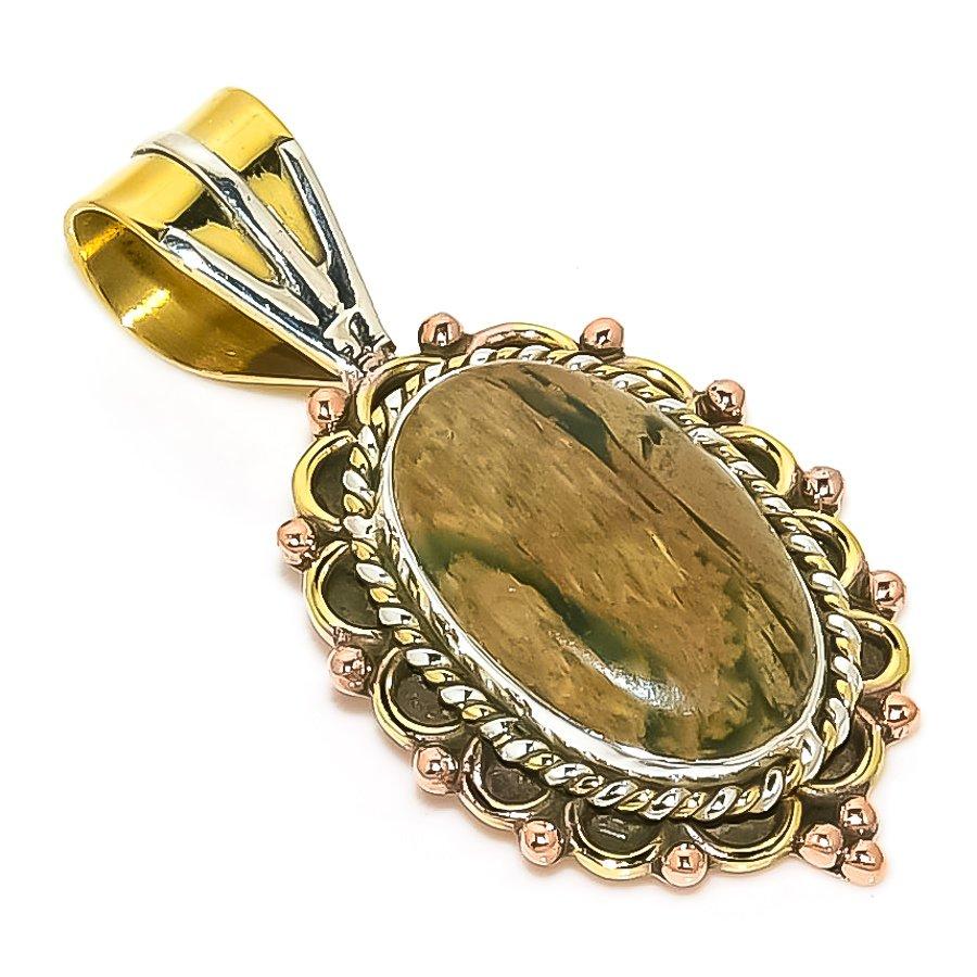 

Natural Rhyolite Gemstone Two Tone 925 Solid Sterling Silver Pendant 1.50 m1F14