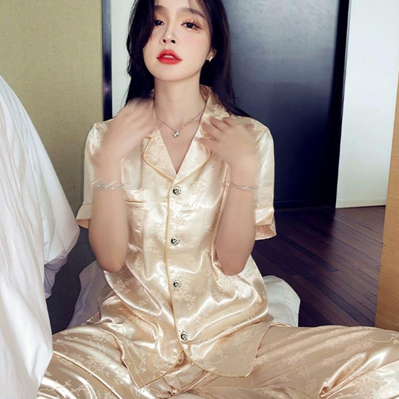 Light Luxury Summer Popular Ice Silk Thin Short-Sleeved Trousers Floral High-End Loungewear Set