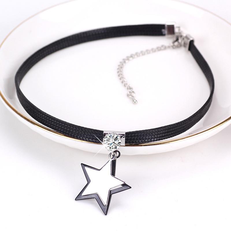 Elegant Korean Choker Necklace For Women With Black Rope And Geometric Star Design