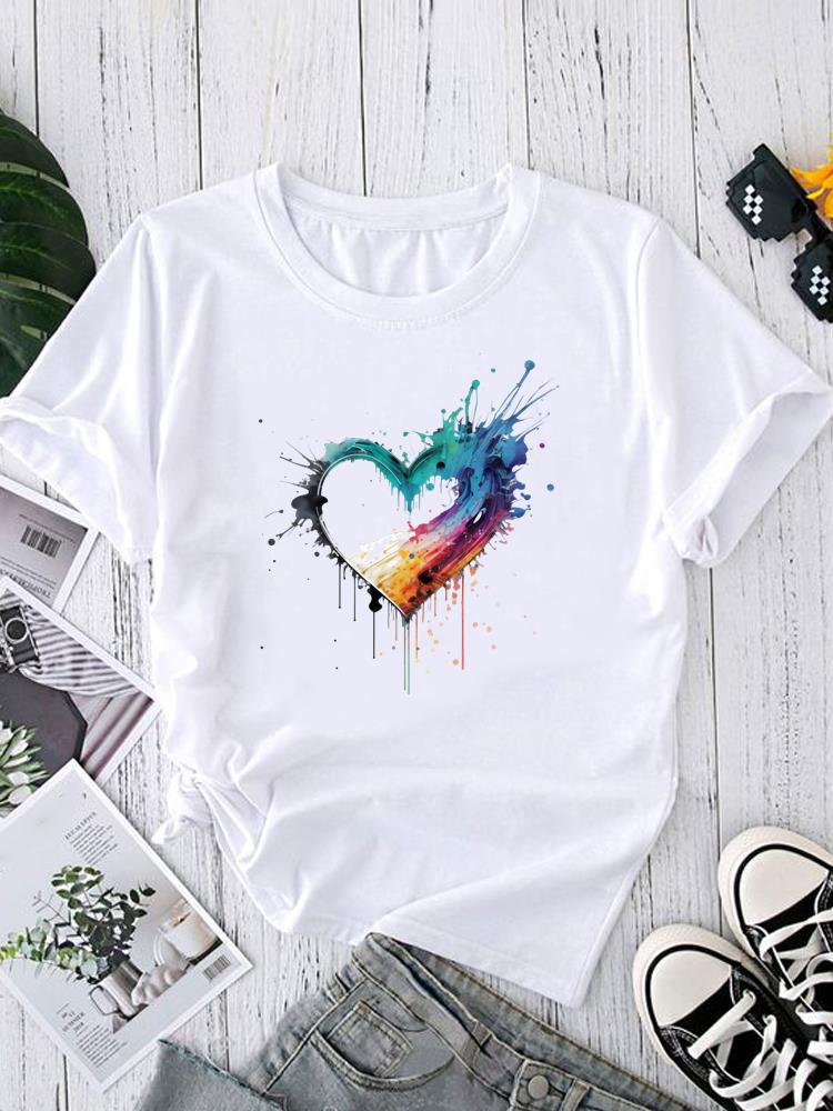 (Asian Size) Women's Clothing T watercolor cute love Graphic Female Top O-neck Tee Fashion Print Casual Short Sleeve T-shirts