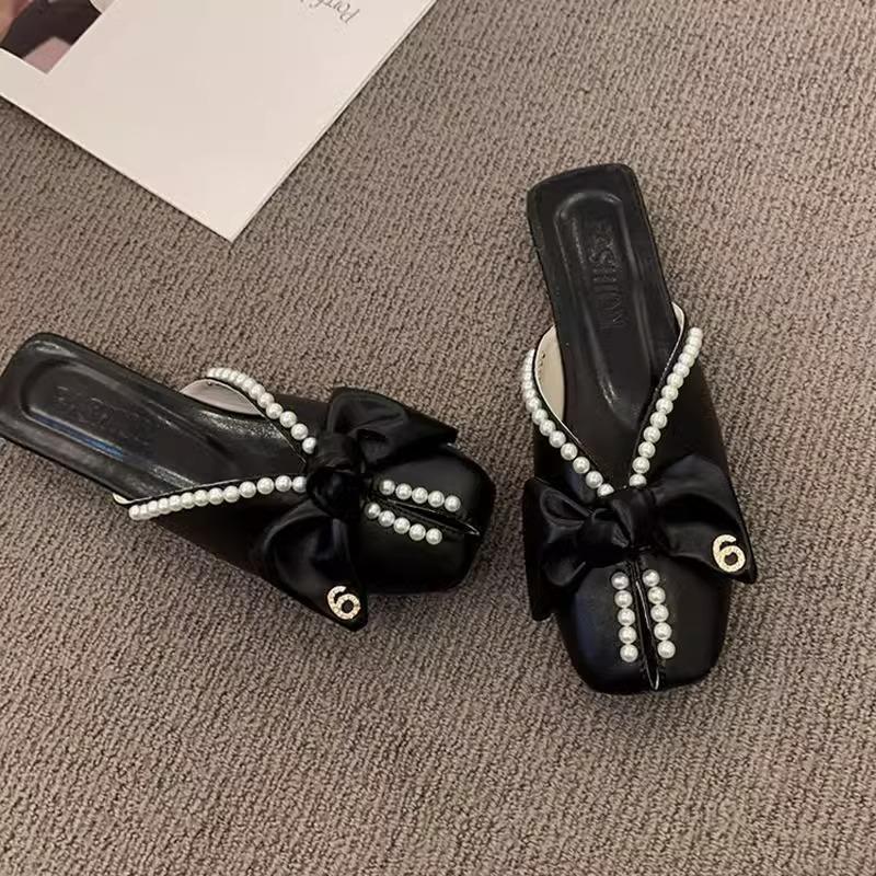 Baotou Half Slippers Women's Summer Outer Wear New Year's New Korean Version Bow Pearl Flat Bottom Soft Bottom Fish Mouth Sandals