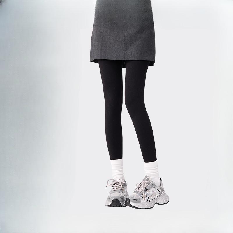 Women's Autumn Winter Gray Vertical Stripe Slimming One-Piece Pantyhose Fleece Lined Thickened Cotton Base Layer Tights