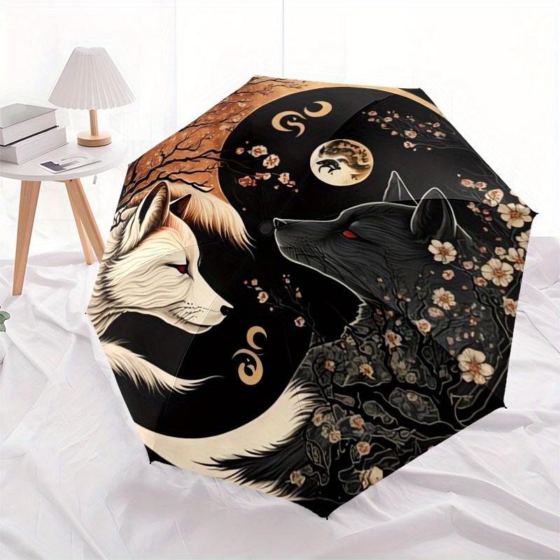 Yin-Yang Fox Moon Blossom Circular Art PrintUmbrella, Portable 3-Fold Compact Umbrella for Men & Women Gift