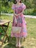 Large size women's clothing slim dress women's summer bubble sleeves pear shape slightly fat body wear long dress fat mm skirt