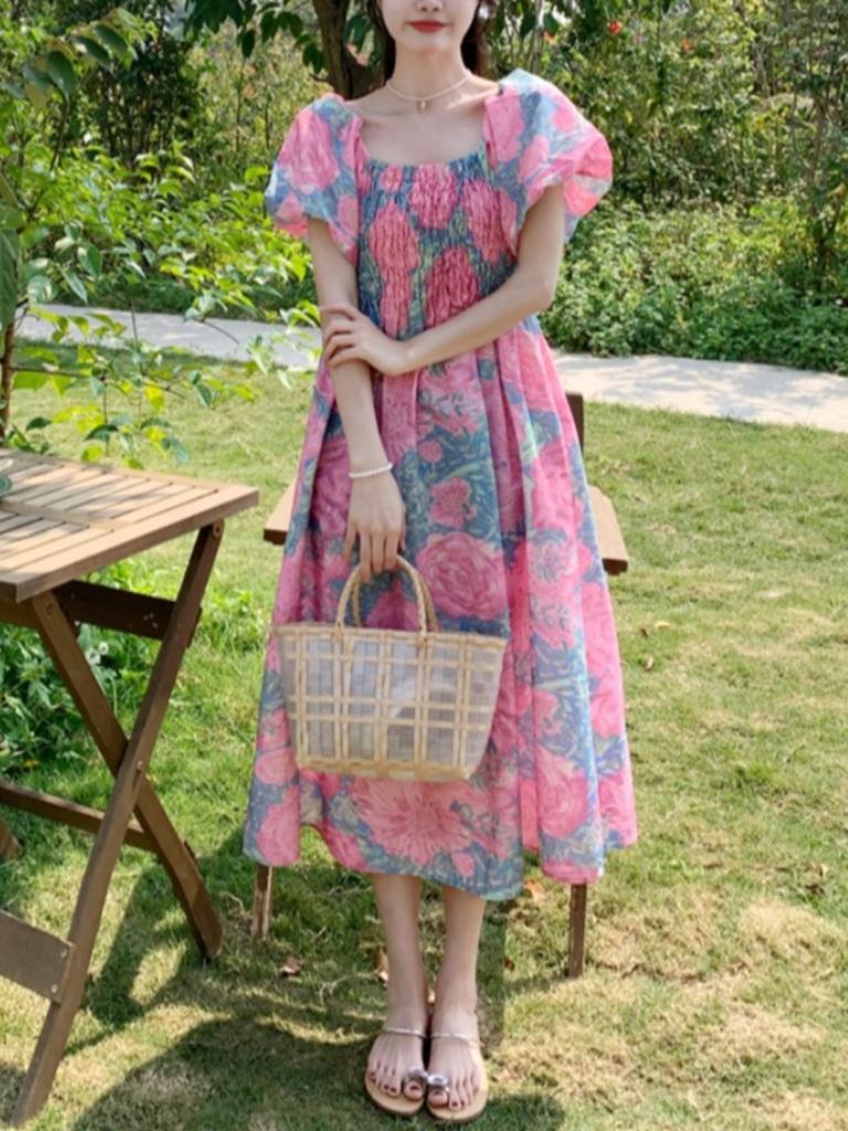 Large size women's clothing slim dress women's summer bubble sleeves pear shape slightly fat body wear long dress fat mm skirt