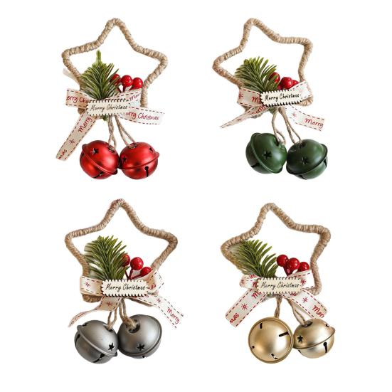 Christmas Jingle Bell Rustic Iron Door Hanging Star Bell with Bow Pine Picks Red Berry for Christmas Wreath Gift Wrapping Craft Home Decor