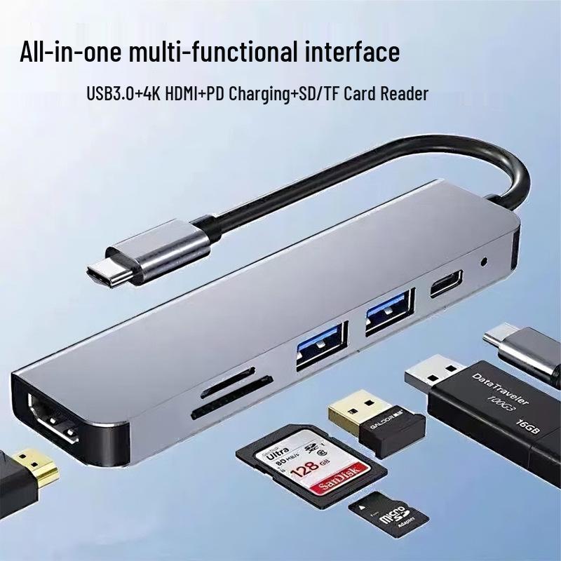 6-in-1 Type-C Hub: Phone USB Extender, Card Reader, Charger, 4K HDMI for Laptop