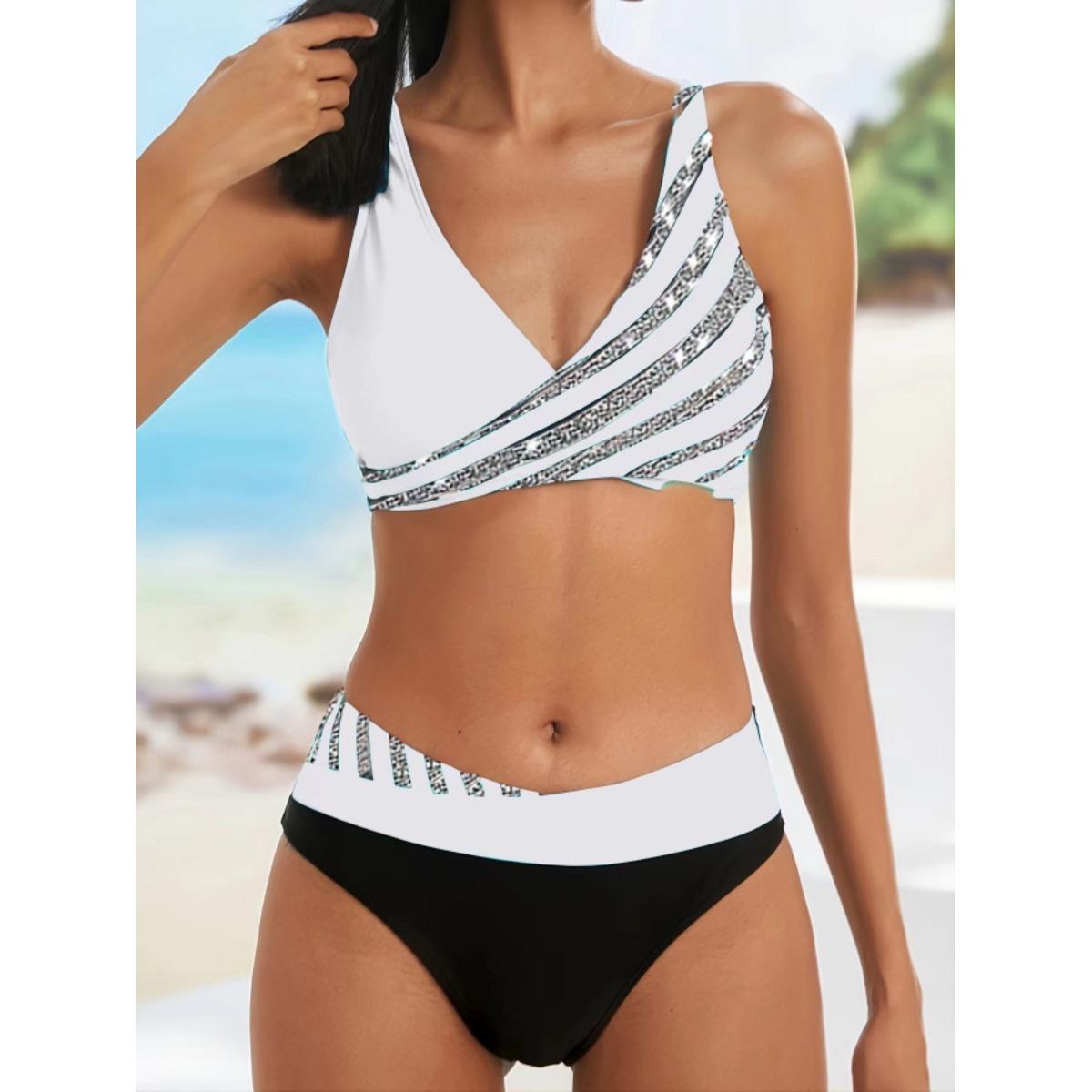 Modischer gestreifter Bikini-Set mit Druck, Sexy zweiteiliger Badeanzug, Charmant stilvoller Badeanzug S weiß