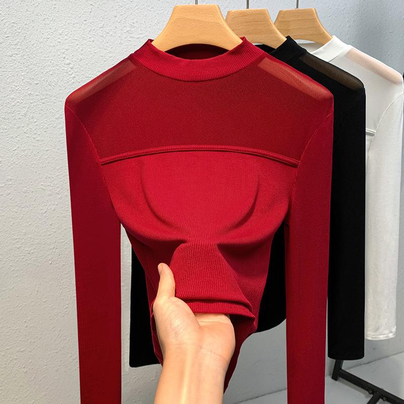 Stand-collar Base Shirt for Women New Women's Mesh Fashionable Shirt Thin Inner Tights